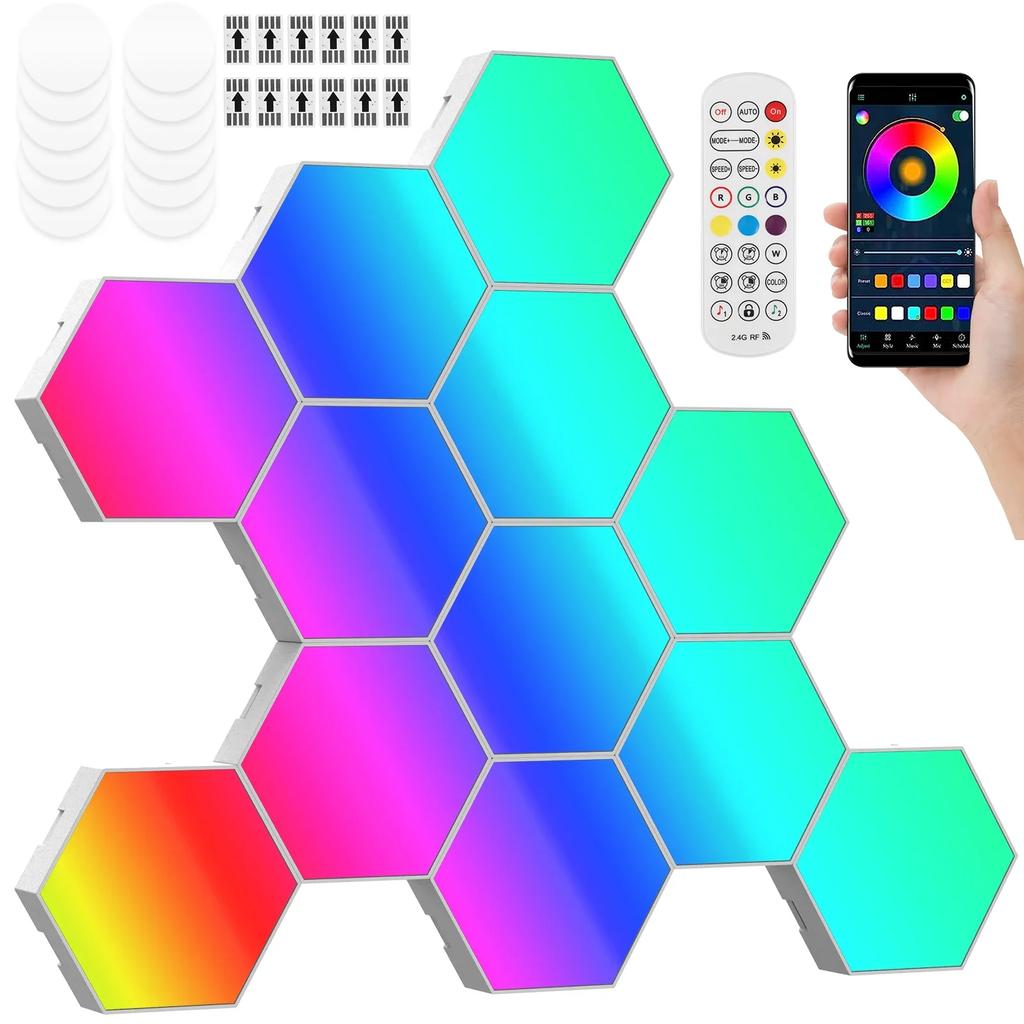 RGB Smart Hexagonal Wall Lamp Color Changing Ambient Night Light DIY Shape Music Rhythm APP For Game Room Bedroom Intelligent
