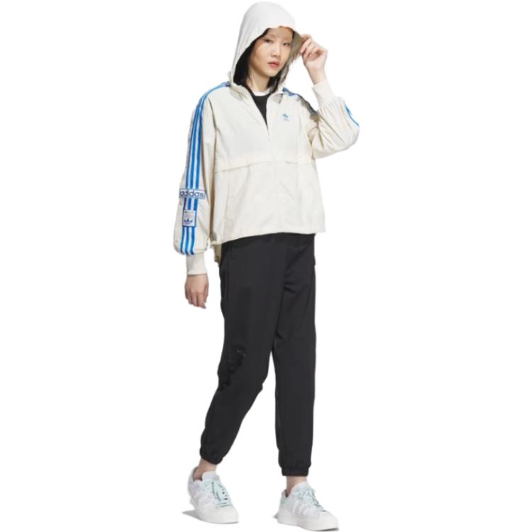 adidas Giacca con Cappuccio a Strisce con Stampa Lettere Ricamate Logo Trefoil Originals Donna Capispalla Bianco IL6499
