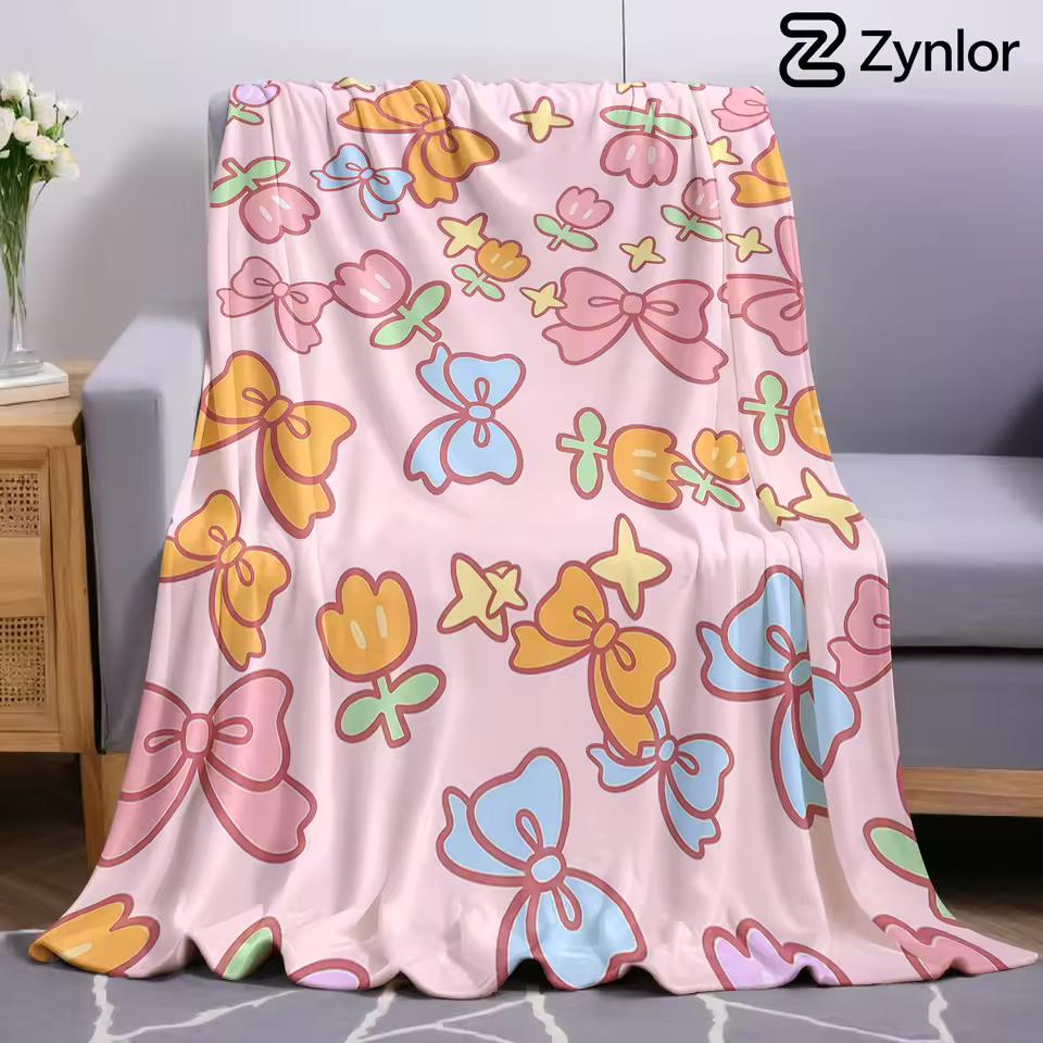Bow Tulip Print Lightweight Microfiber Soft Christmas Fleece Blanket Warm Cozy Throw for Bed Sofa Office Travel All Season