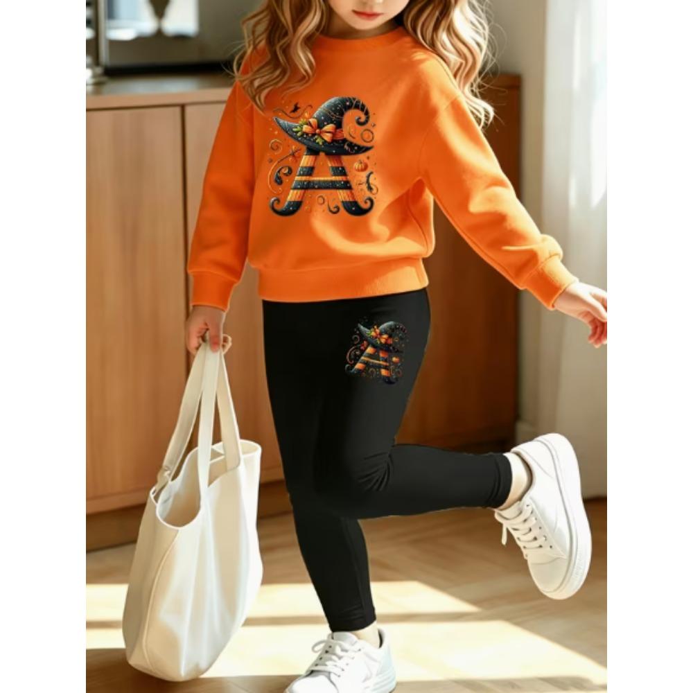 Girls' Halloween Witch Casual Comfortable Soft Loose Pullover Sweatshirt and Leggings 2-Piece Set, New Autumn/Winter, Playful, Sweet and Cool Style