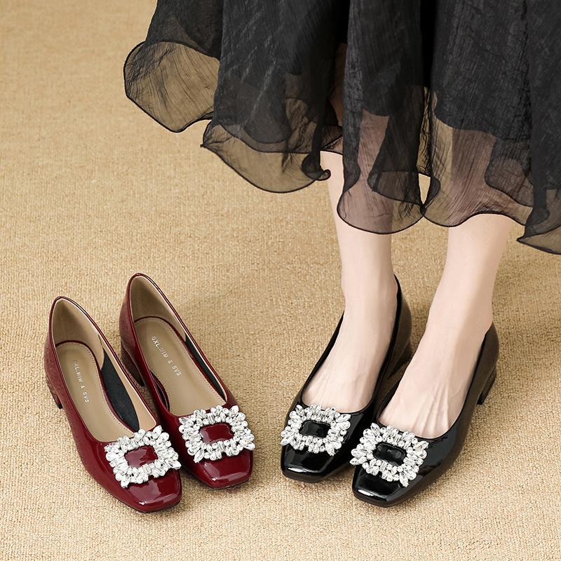 Huiliya Square Head Single Shoes Women's 2025 Women's Thick Heel New Fashion Commuting Temperament Low Heel Square Buckle Rhinestone Women's Shoes