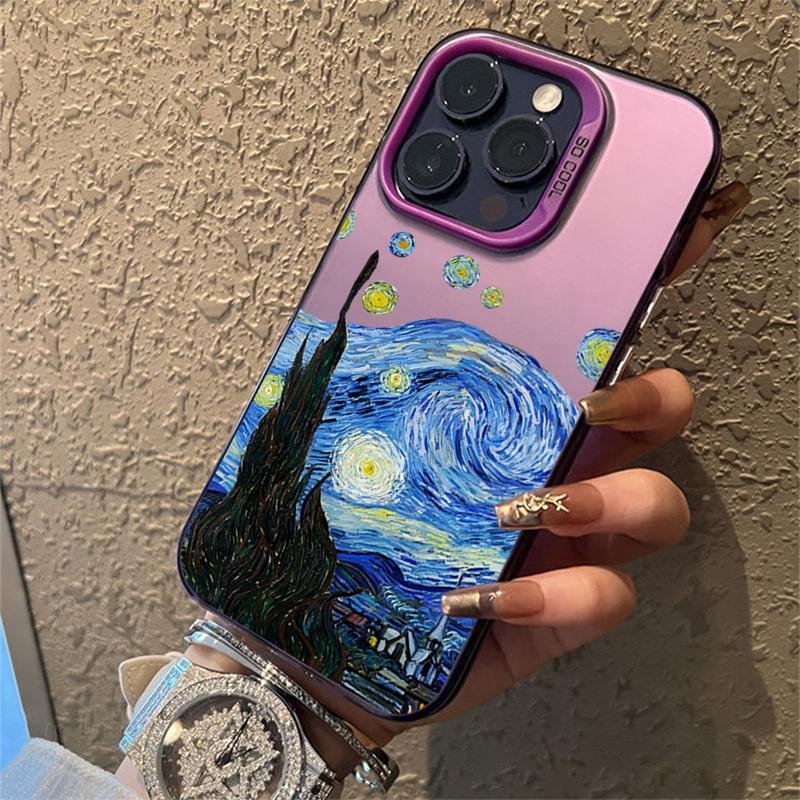 Van Gogh Oil Painting Electroplate Silver IMD Phone Case For iPhone 11 12 13 14 15 16 Pro Max 7 Plus X XR Shockproof Back Cover