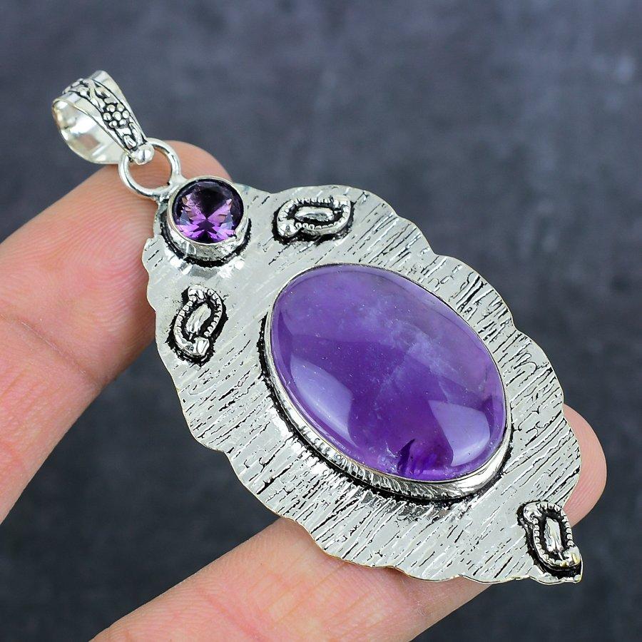 Natural Sage Amethyst, Amethyst 925 Sterling Silver Jewelry Pendant 3.07" m8w14