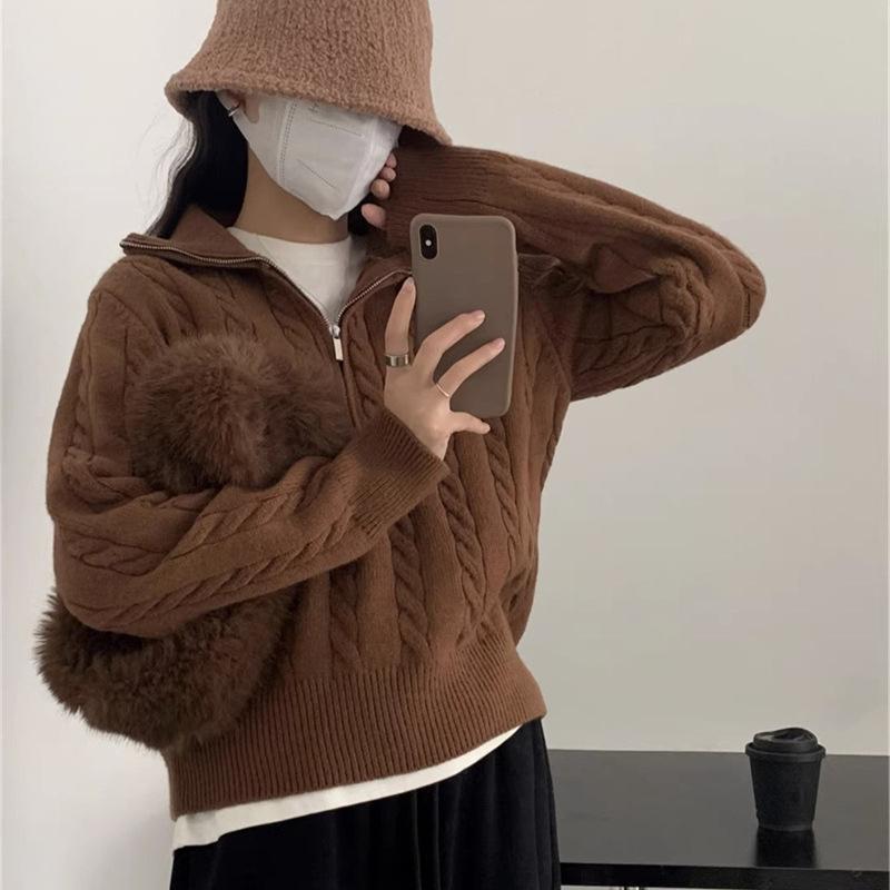 Korean version of chic autumn and winter soft waxy knitted top women's retro twist half zipper lazy versatile short sweater jacket