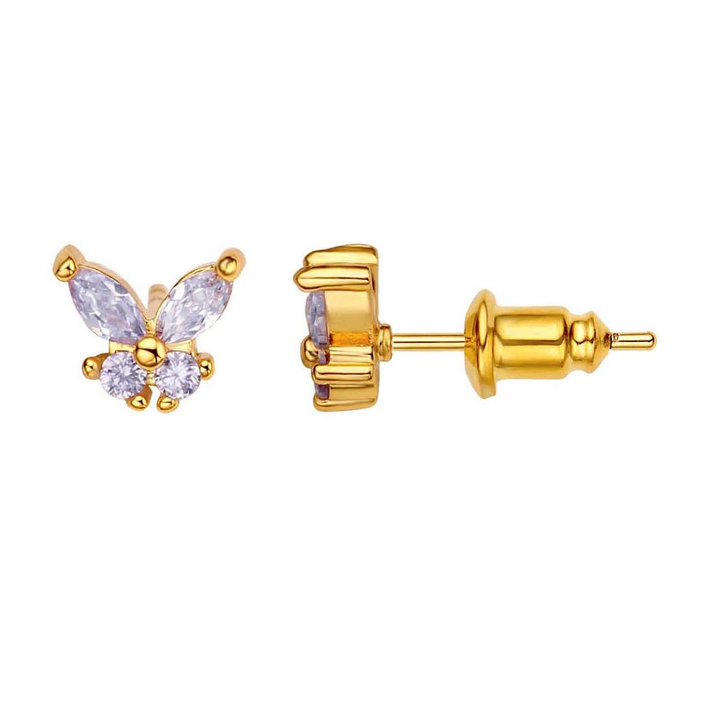 Small Butterfly Stud Earring Cubic Zirconia Gold Plated CZ Jewelry for Women Girls