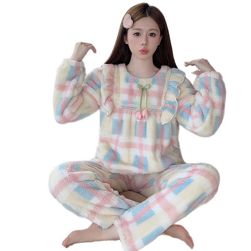 2025 Women's Coral Fleece Pajamas Set, Thick Long Sleeve & Pants, Sweet Style, Plus Size Homewear