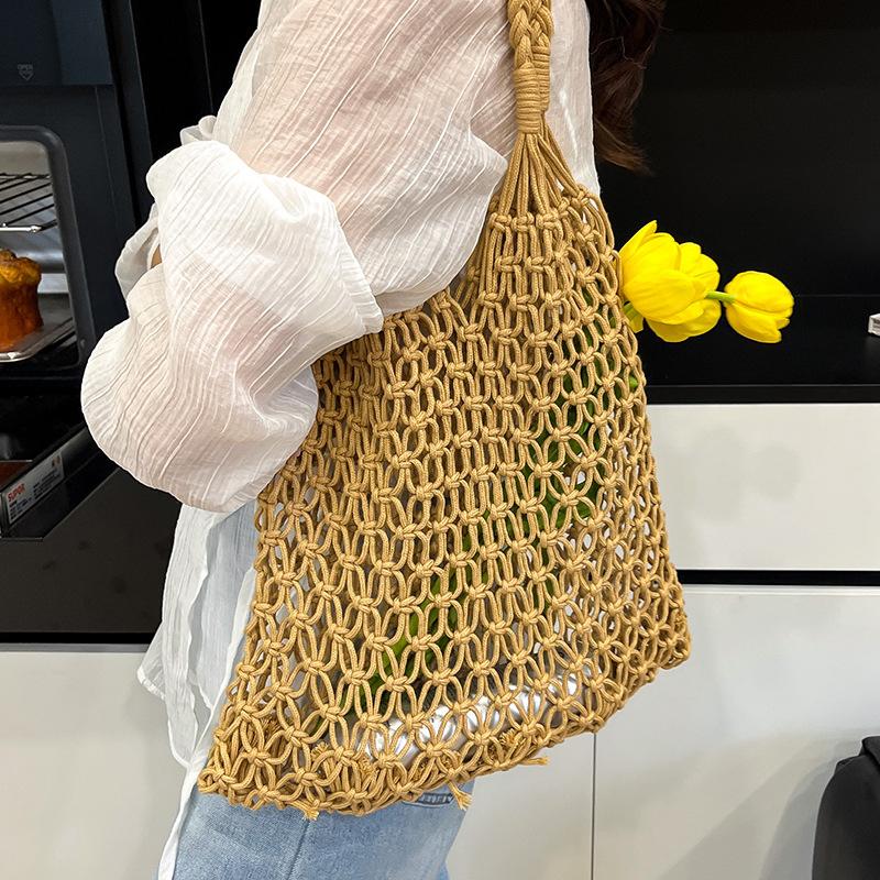 Und-Gewebte Tasche Damen Handgefertigt Hohl Handtasche Damen Schultertasche Großes Fassungsvermögen Sommer Lässig Reise Strand Tragetasche Geldbörse