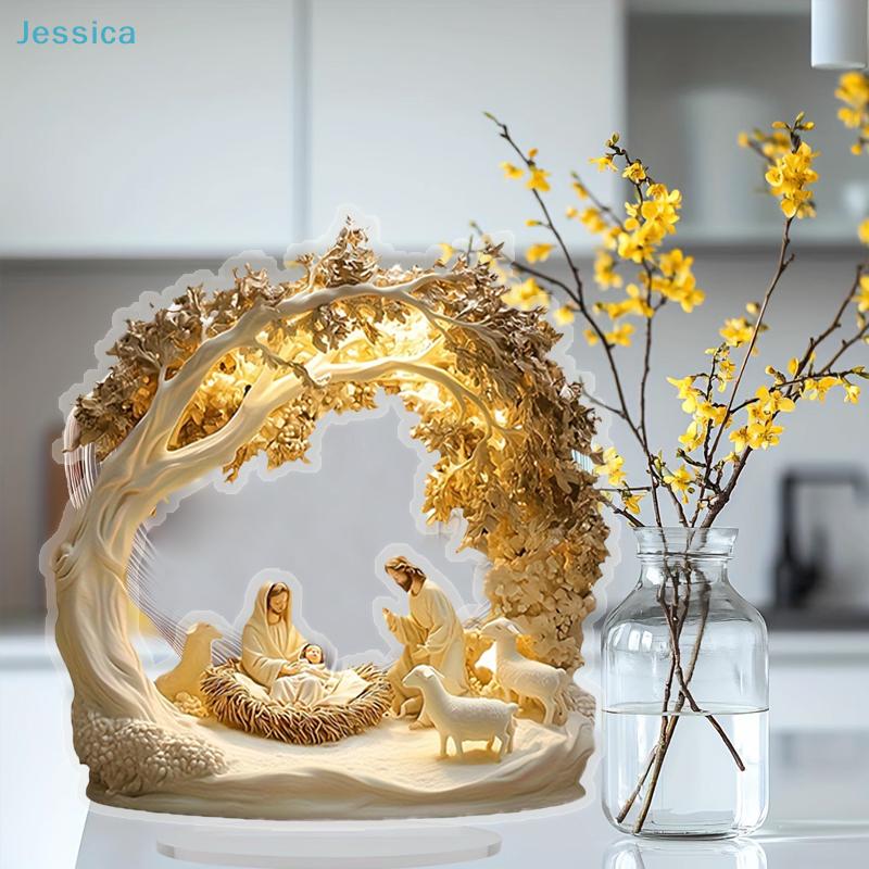 Nativity Scene Table Decor-Holy Family Jesus Birth Figurine with Tree Arch & Sheep,Christian Christmas DecorGift