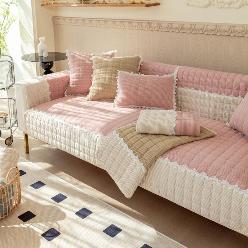 

Autumn And Winter New Corduroy Color Matching Lace Sofa Cushion, Modern Simple Non-Slip Sofa Cushion Towel 70*70cm