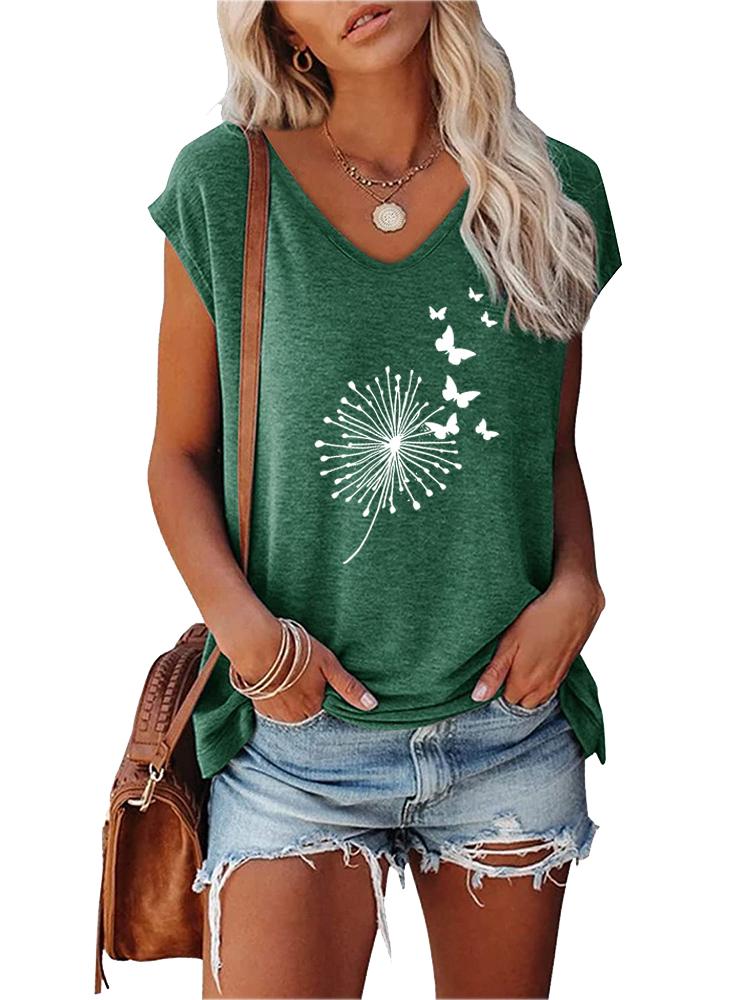 Women Fashion T-shirt Summer V Collar Print Short Sleeve Top Ladies Casual Tee Shirt