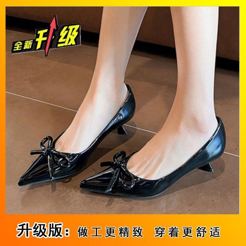 2025 new French bow pointed middle heel commuter non-slip single shoes light mouth patent leather stiletto high heels