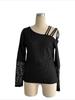 Autumn Asymmetric Crossed Shoulderless Design Lace Splicing T-Shirt Women's Long Sleeve Skinny Versatile Closet Essential Fashion Items Shirt