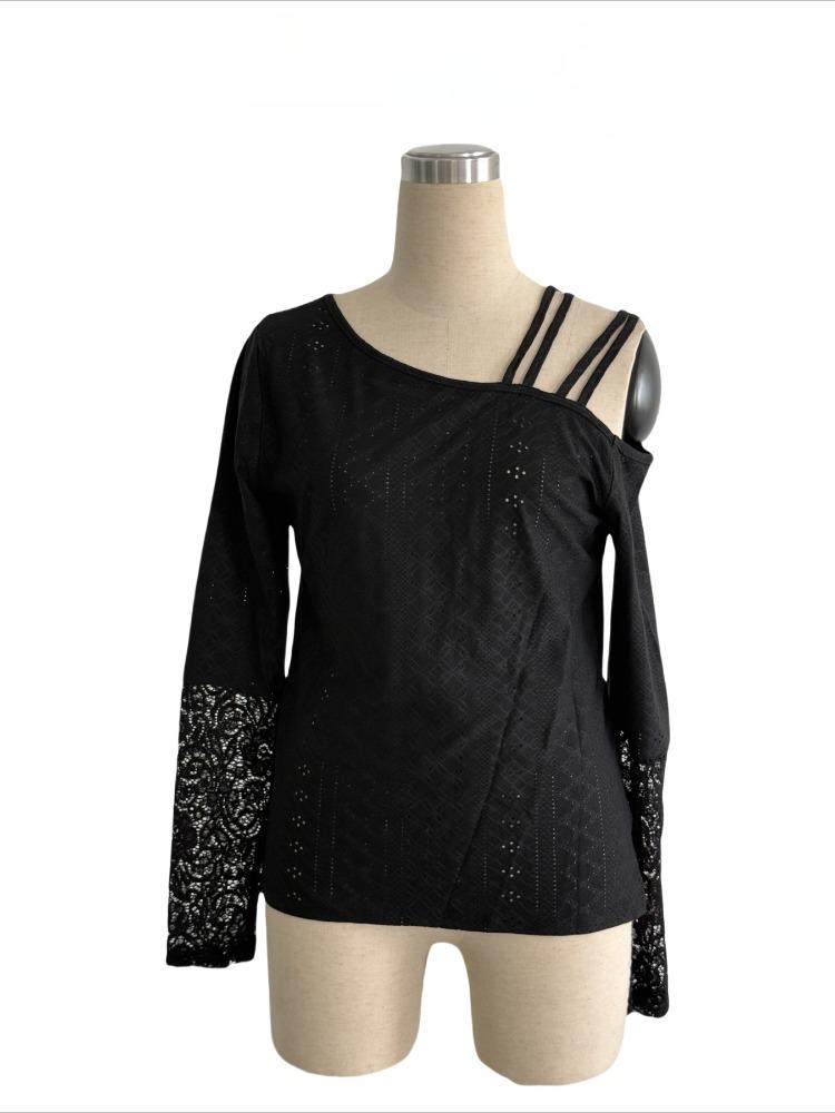 Autumn Asymmetric Crossed Shoulderless Design Lace Splicing T-Shirt Women's Long Sleeve Skinny Versatile Closet Essential Fashion Items Shirt