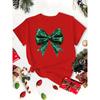 Women's Christmas Short Sleeve Green Sequin Bow Print Round Neck Casual T-Shirt Fashionable Clothing