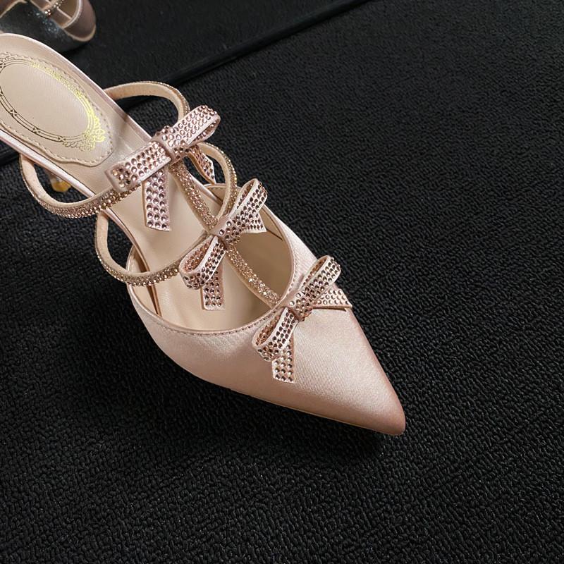 

Fashion Luxury Rhinestones Bowknot Satin Women Pumps Elegant Pointed toe Mary Janes Thin High heels Mules Fashion Party Wedding Shoes 35