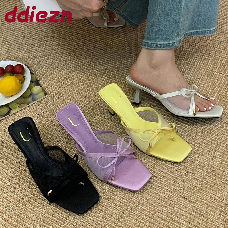 Fashion Fashion Butterfly-Knot Women Thin Heels Pumps Shoes Mesh Footwear Square Toe Ladies Heeled Shoes Female Slides Sandals Pumps