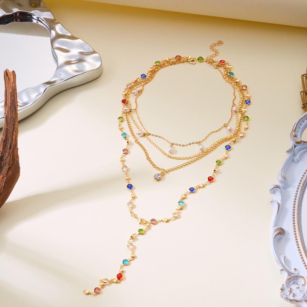 Gold Color Glass Long Y-Shaped Necklace For Women Colorful Crystal Chain Zircon Pearl Tassel Clavicle Choker Party Jewelry