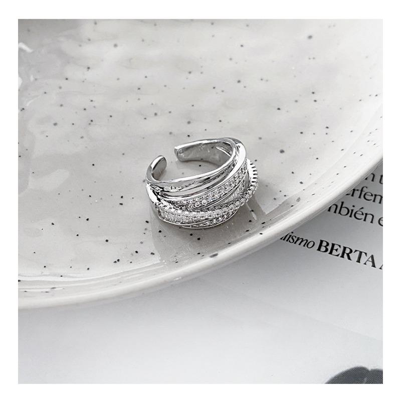 Zircon wide-faced cross hollow opening ring, Korean ins cold wind index finger ring, light luxury high-end ring, female.
