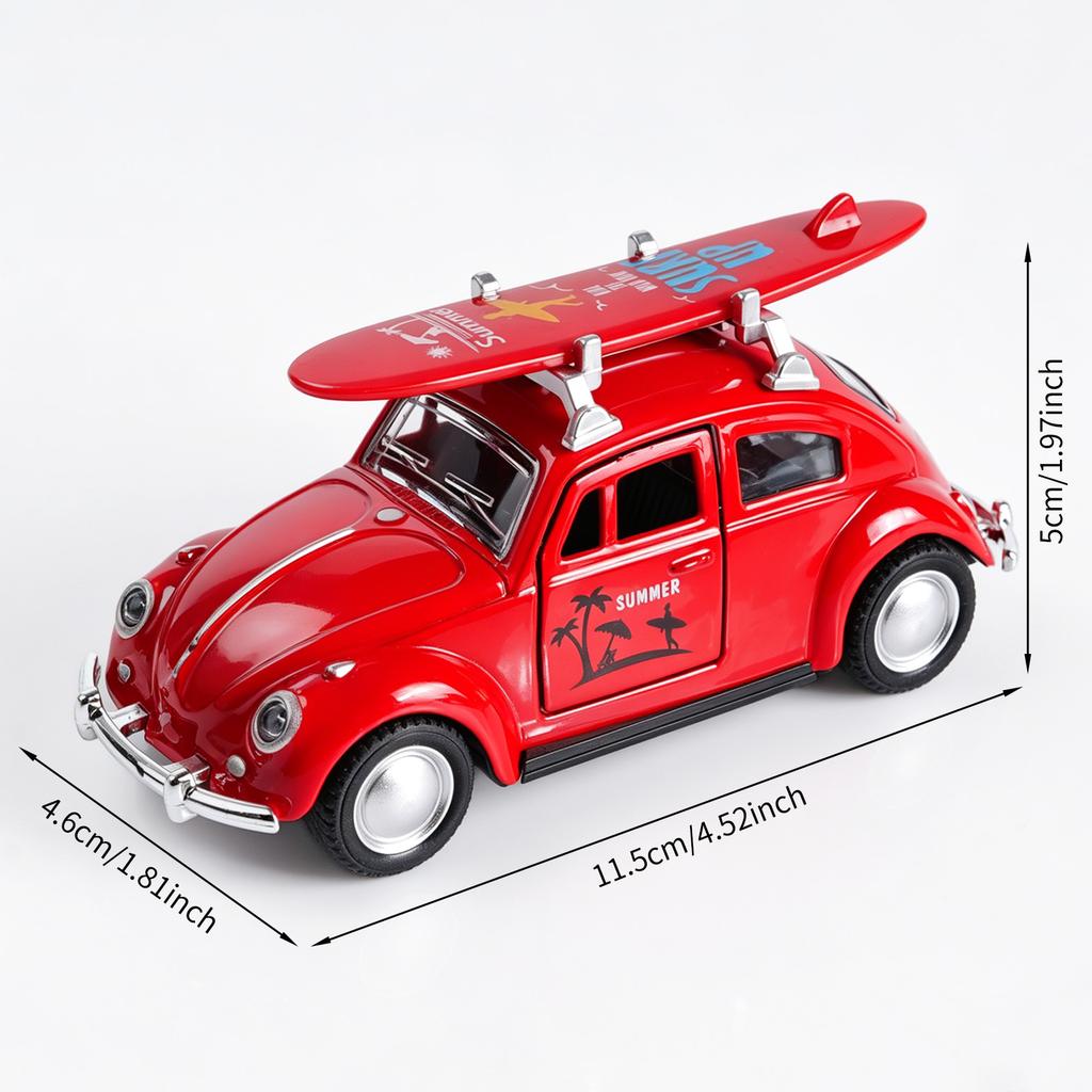 1:36 Červený Volkswagen Brouk Kovový Model s Surfovým Prknem, Slitina Model na Zatáhnutí s Otevíracími Dveřmi, Retro Letní Plážová Hračka pro Děti
