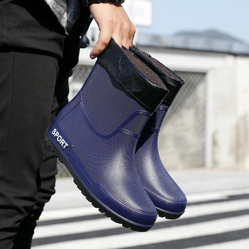 Fashion Men's Rain Shoes Medium Tube Rain Boots Non-slip Water Shoes Couple Velvet Rubber Shoes Kitchen Car Wash Fishing Work Shoes