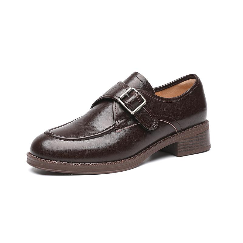 Genuine leather flat-soled small leather shoes women's thick-soled one-pedal single shoes belt buckle loafers