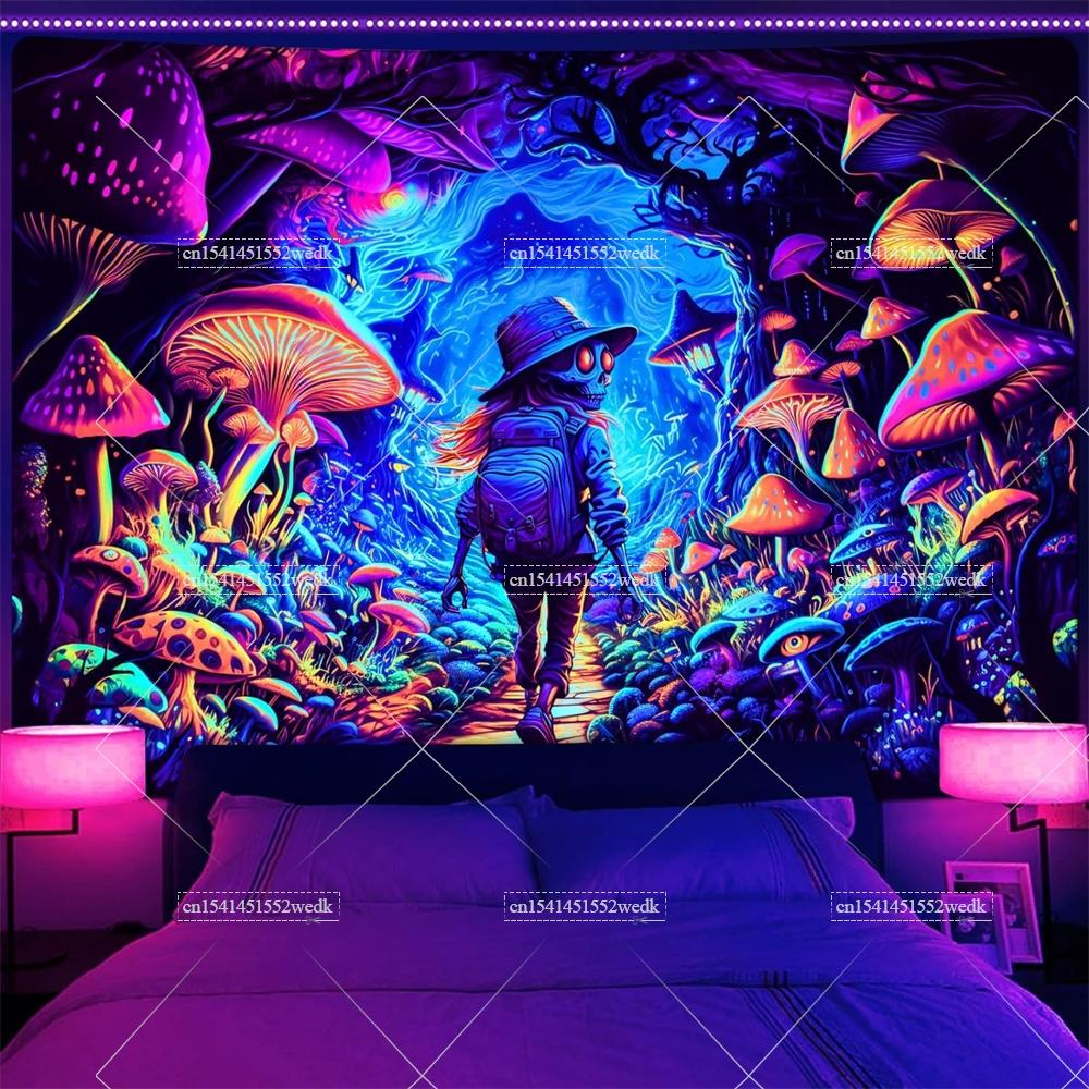Blacklight Mushroom Tapestry UV Reactive Hippie Skull Tapestries Wall Hanging Eyes Forest Tapestry Glow In The Dark Posters 100X70CM