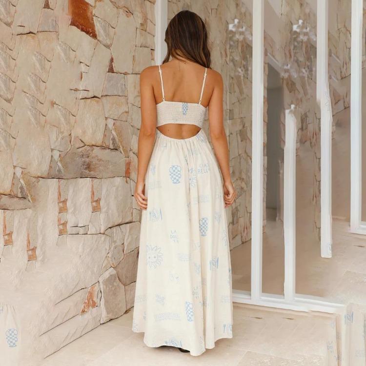 Summer Women Sleeveless Backless Print Slim A-Line High Waist Suspender Camisole Dress Long Casual Dresses S-XL Spring Fashion