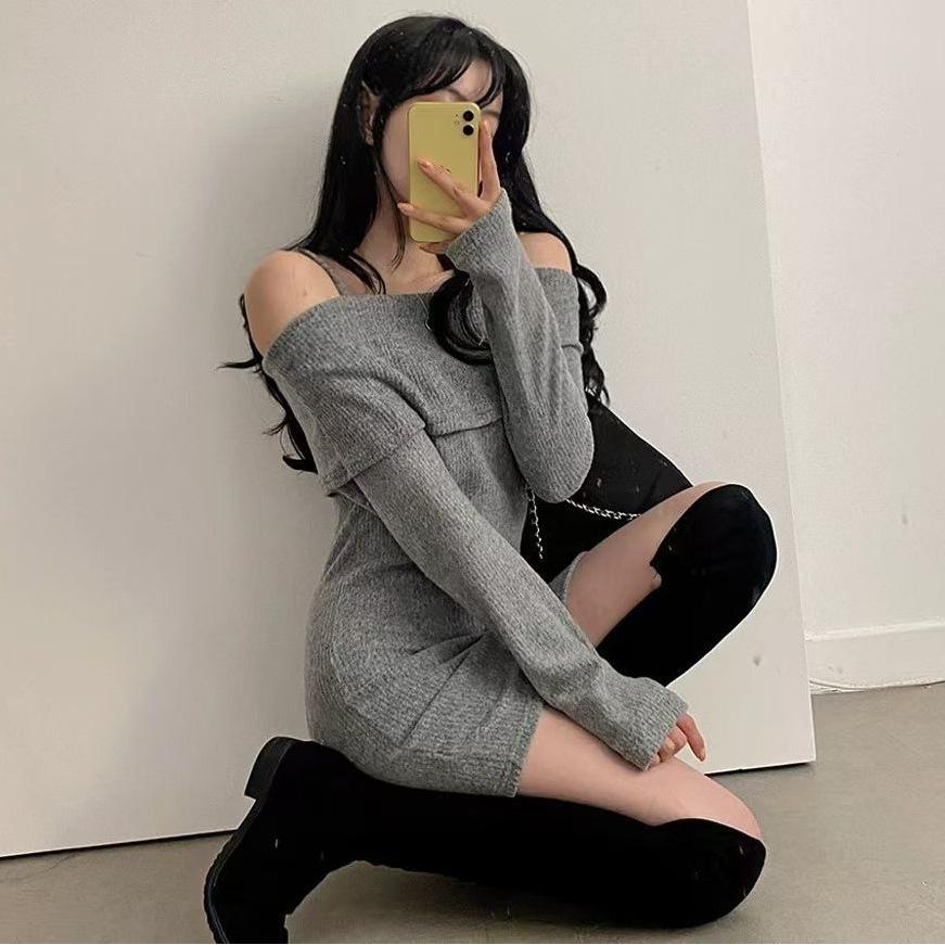 Korean Style Petite Spicy Girl Bodycon Dress: One-Shoulder Camisole with Lapel, Hip-Hugging Short Skirt for Spring/Autumn