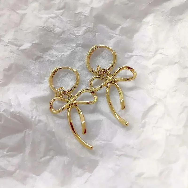 Korean Fashion Silver Color Bowknot Hoop Earrings for Women Egirl Simple Metal Long Bow Pendant Earrings Aesthetic Y2K Jewelry
