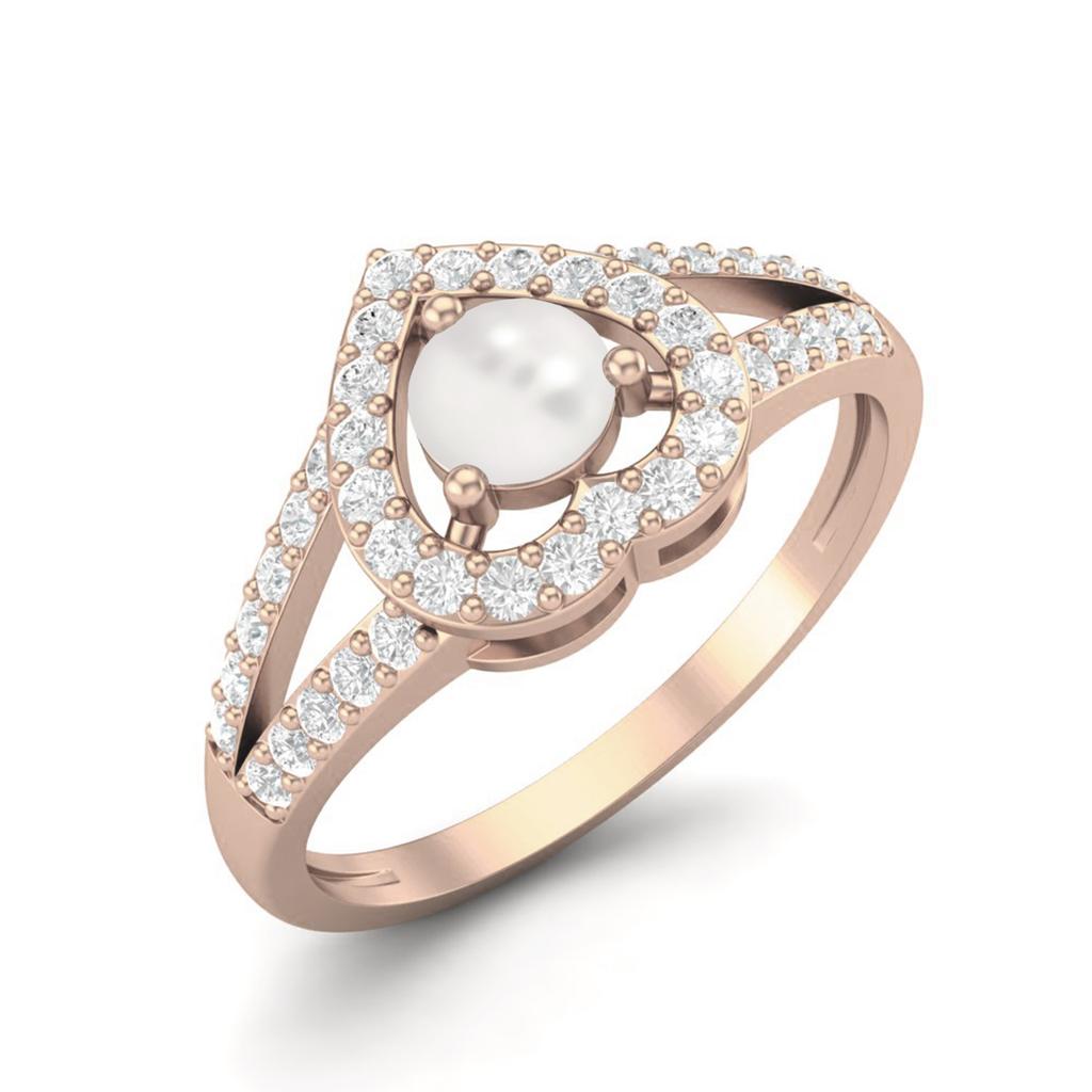 1.05 Cts Round Pearl Heart Shape 925 Sterling Silver Rose Vermeil Split Shank Women Wedding Ring