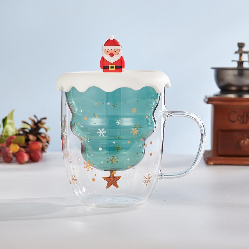 YWDL Creative Christmas Tree Glass Cup With Lid Coffee Mug Double Wall Transparent Coffee Milk Mug Christmas Gifts Cups For Girl