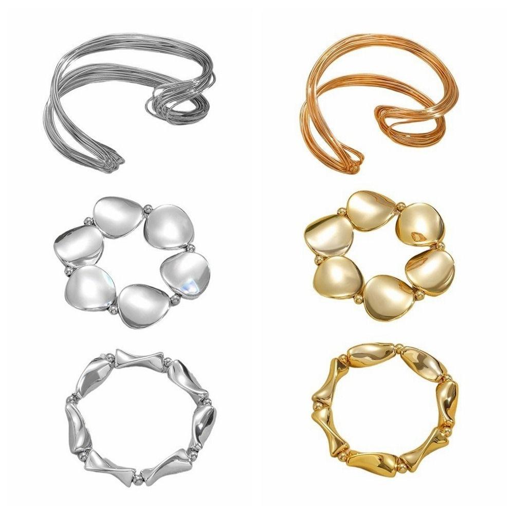 3 Pcs/Set Exaggerated Geometric Bangle Metal Women's Hand Bracelet Delicate Bracelet Set  Women