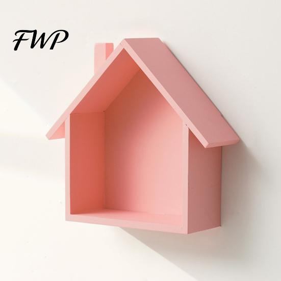 Bedroom Wall Decor Wood House Display Shelf, Mounted Decorative Floating Small Shelf Toys Dolls Organizer for Entryway, Living Room, Nursery