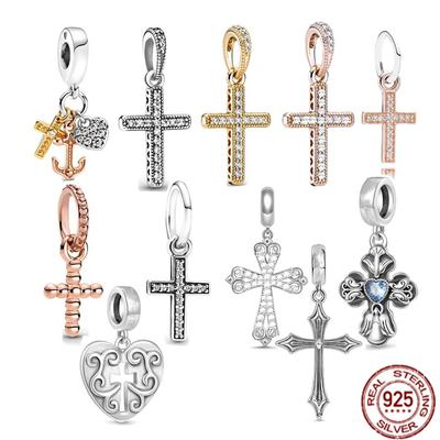 Sparkling Pendant Gold White Jesus Cross, Heart-Shaped Silver S925 Charm Bead Fit Original Necklace Bracelet DIY Jewelry