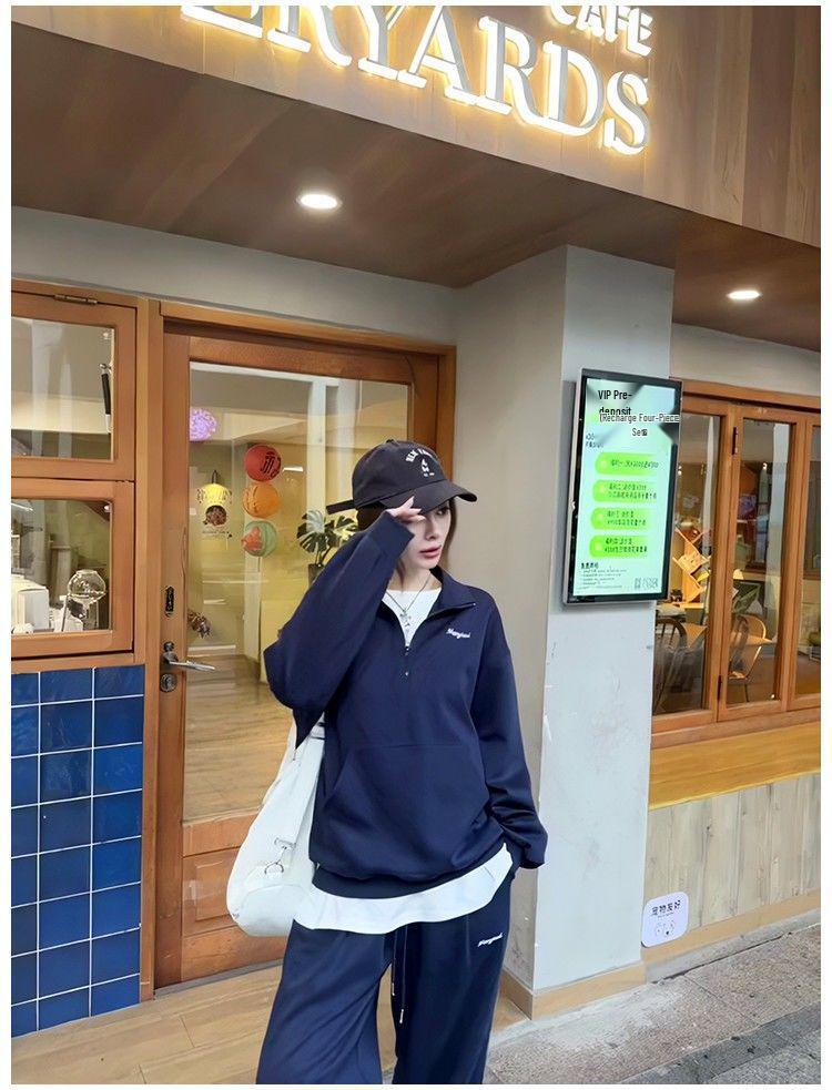 European Style Women's Thickened Stand-up Collar Sweatshirt Set - Fashionable Autumn/Winter Pure Cotton Casual Sportswear Two-Piece