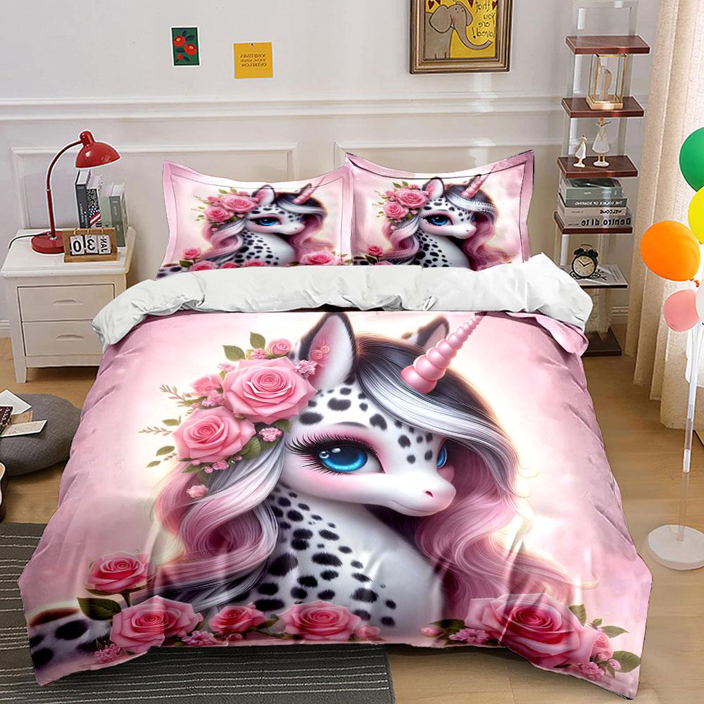 Spotted Unicorn with Roses Bedding Duvet Cover Set (1*Duvet Cover 2*Pillowcases, without duvet insert)