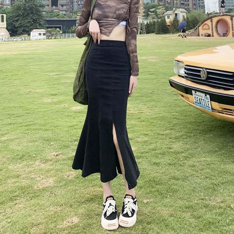 

Plus Size Women s High Waist Stretch Denim Fishtail Midi Skirt L чорний