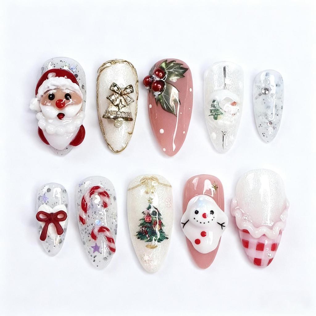 30-Piece Set: Handmade Almond Nails with 3D Flowers, Butterflies & Pearls