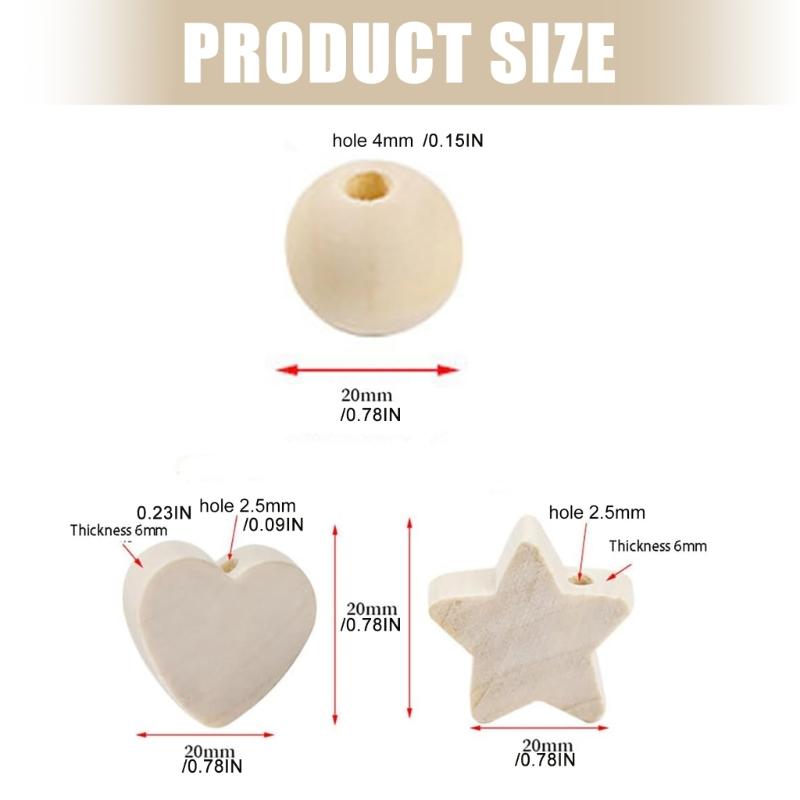 90Pcs Wood Craft Beads with Hole Heart Star Round Wooden Beads for Jewelry Making Home Decorations Handmade Craft