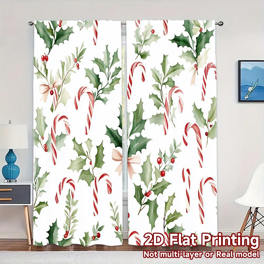2pcs,Curtains Christmas Candy Cane Holly Botanical (3) Chic Curtains&Drapes Semi-Sheer Curtains Room Decor Perfect for Living 60×150cm