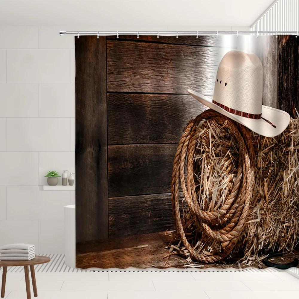 Westlicher Cowboy Duschvorhang Retro Cowboyhut Bauernhofmuster Badezimmer Badewannen Dekoration Wasserdichtes Stoffdisplay Mit Haken