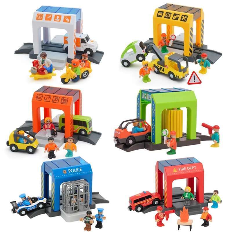 Wooden Train Track Toys Plastic Police Station/Car Wash Room City Scene Wooden Tracks Accessories Railway Toys for Children