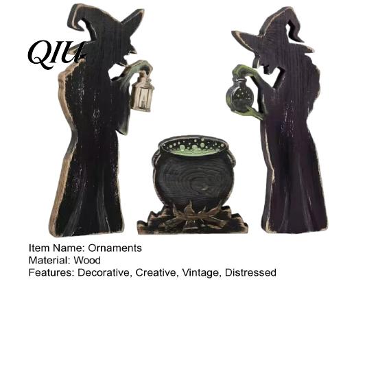 Desktop Shelf Witch Figurine Set 3Pcs Halloween Cauldron Lantern Potion Bottle Table Decorations, Rustic Wooden Minimalist Party Centerpieces Tabletop