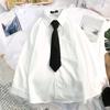 Blusas brancas de manga comprida femininas, camisas soltas sólidas para estudantes, blusas pretas com lapela, camisas grandes com gravata
