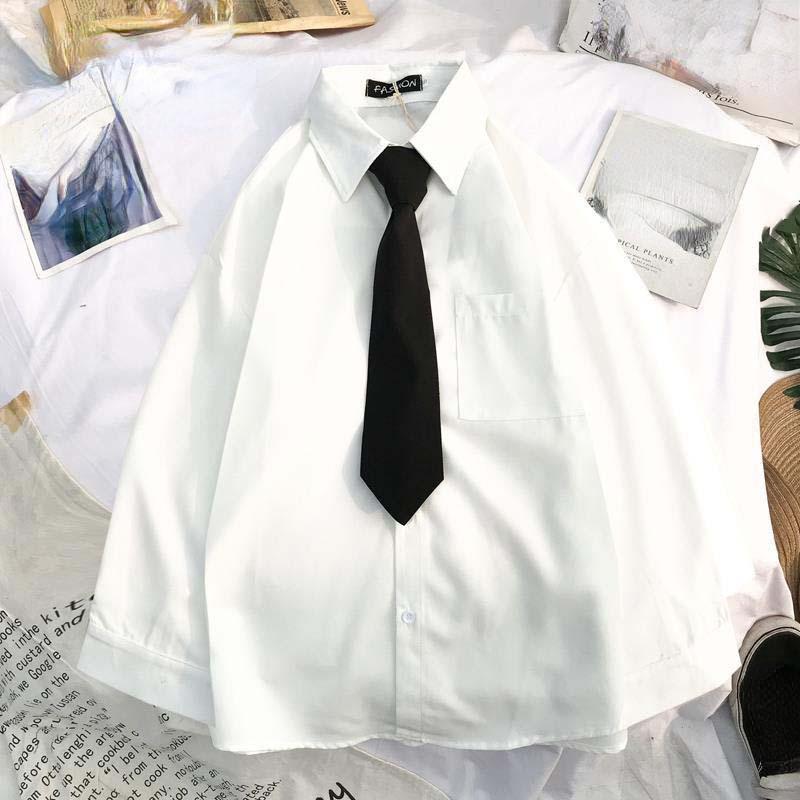 Blusas brancas de manga comprida femininas, camisas soltas sólidas para estudantes, blusas pretas com lapela, camisas grandes com gravata