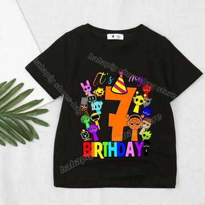 Camiseta de Cumpleaños con Número Sprunki para Juego Niña Niño Camisetas de Manga Corta Verano Casual Tops para Niños Camiseta Negra Dibujos Animados Ropa para Niños Pequeños