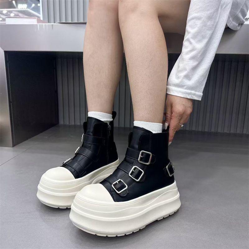 European-Style Genuine Leather Height-Increasing Women's Motorcycle Boots with Thick Sole and Buckle