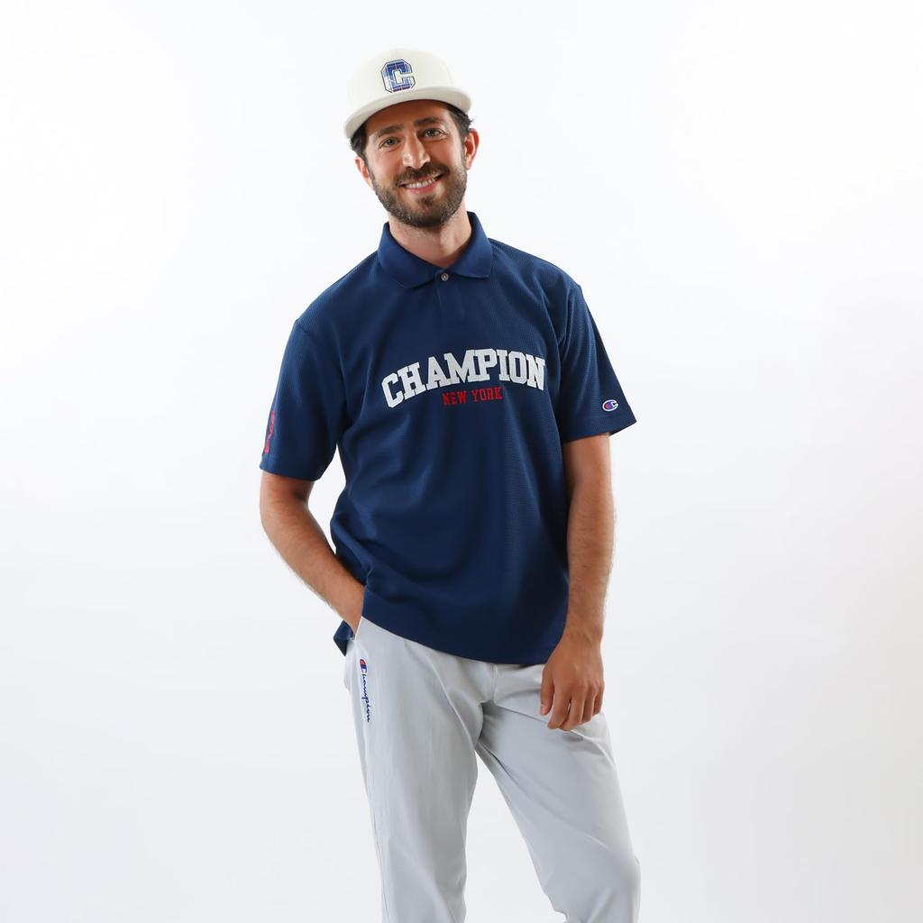 Champion Short Sleeve Antibacterial and Odor Resistant Polo Shirt with UV and Heat Shielding Graphic Logo Navy Men's Quick-Drying, Protection, Print,