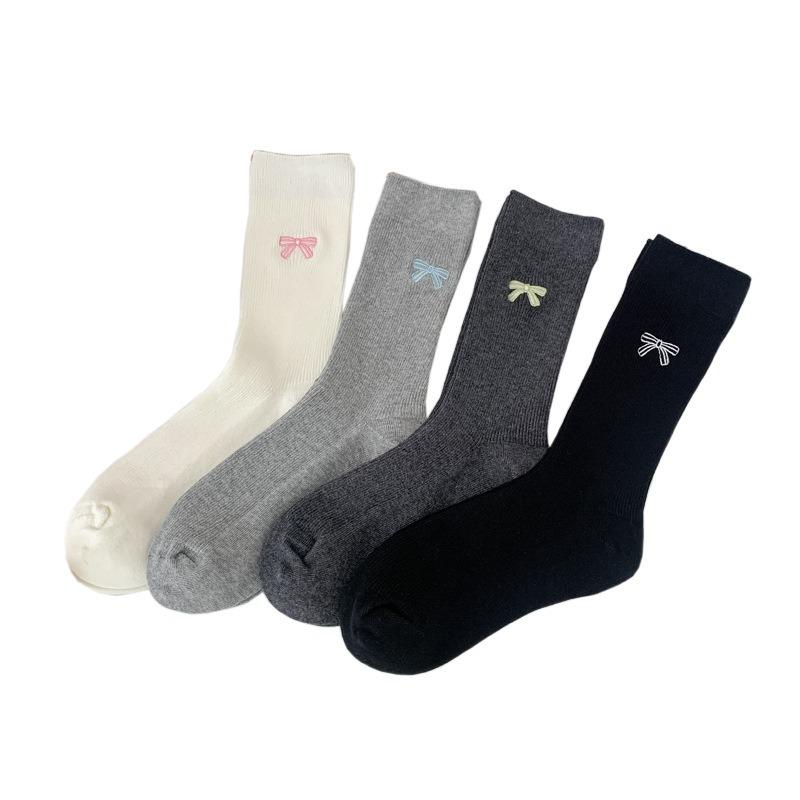 Gray Pile Socks - Spring and Autumn Embroidered Bow Tie Socks - Children's White Double-needle Cotton Socks - Boneless Mid-calf Socks
