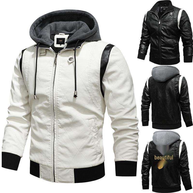 2021 Men's Fashion Hooded Embroidered Leather Motorcycle Jacket, Autumn/Winter Outerwear